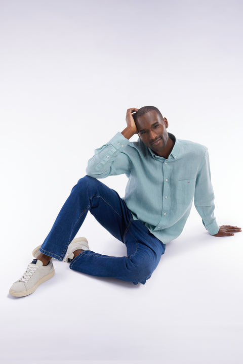 Chemise en lin vert d'eau unie coupe droite - Image 3