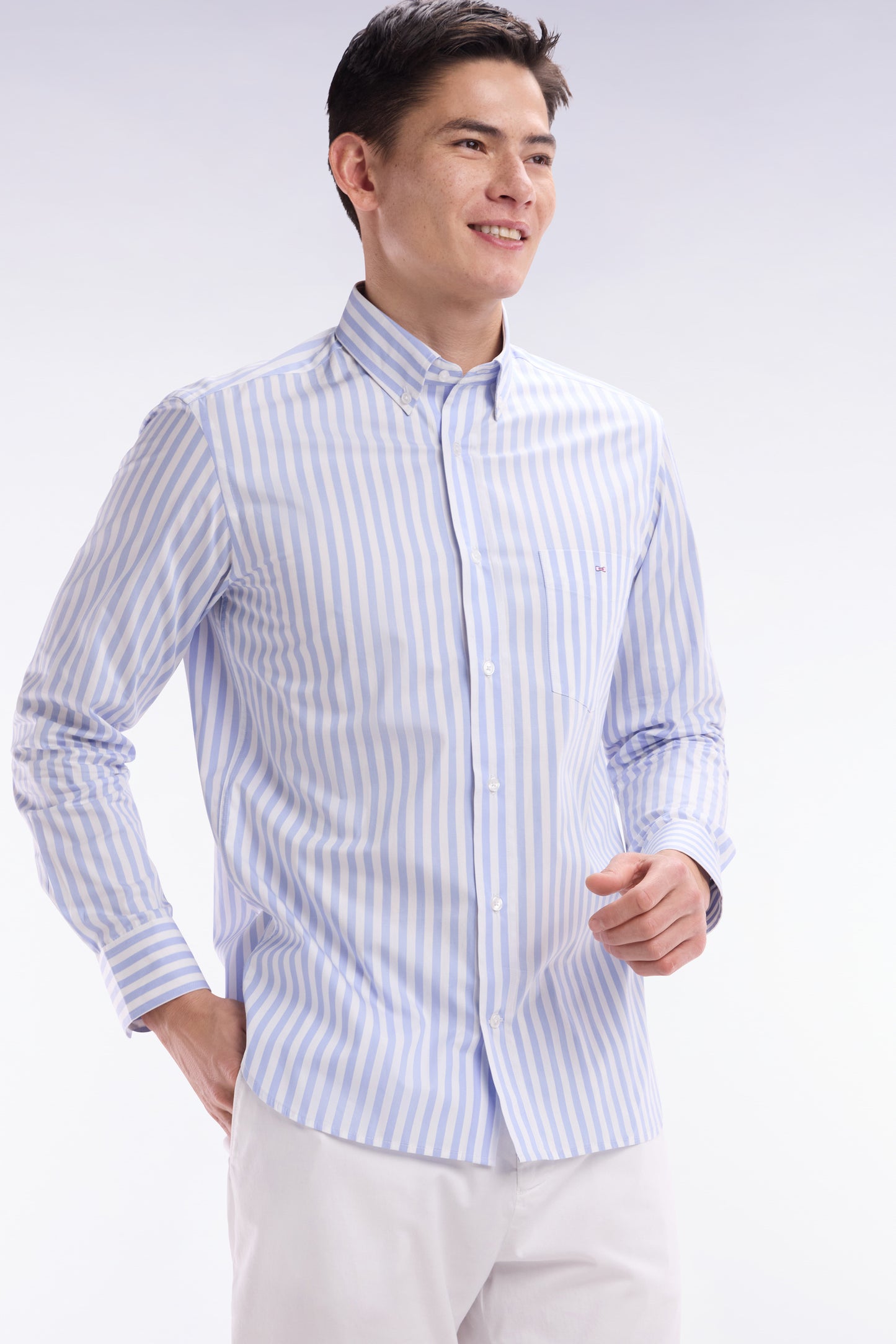 Straight-fit striped light grey cotton shirt