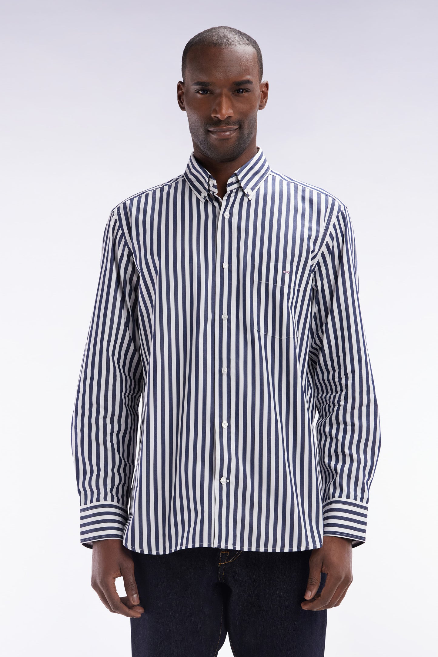 Straight-fit striped navy cotton shirt