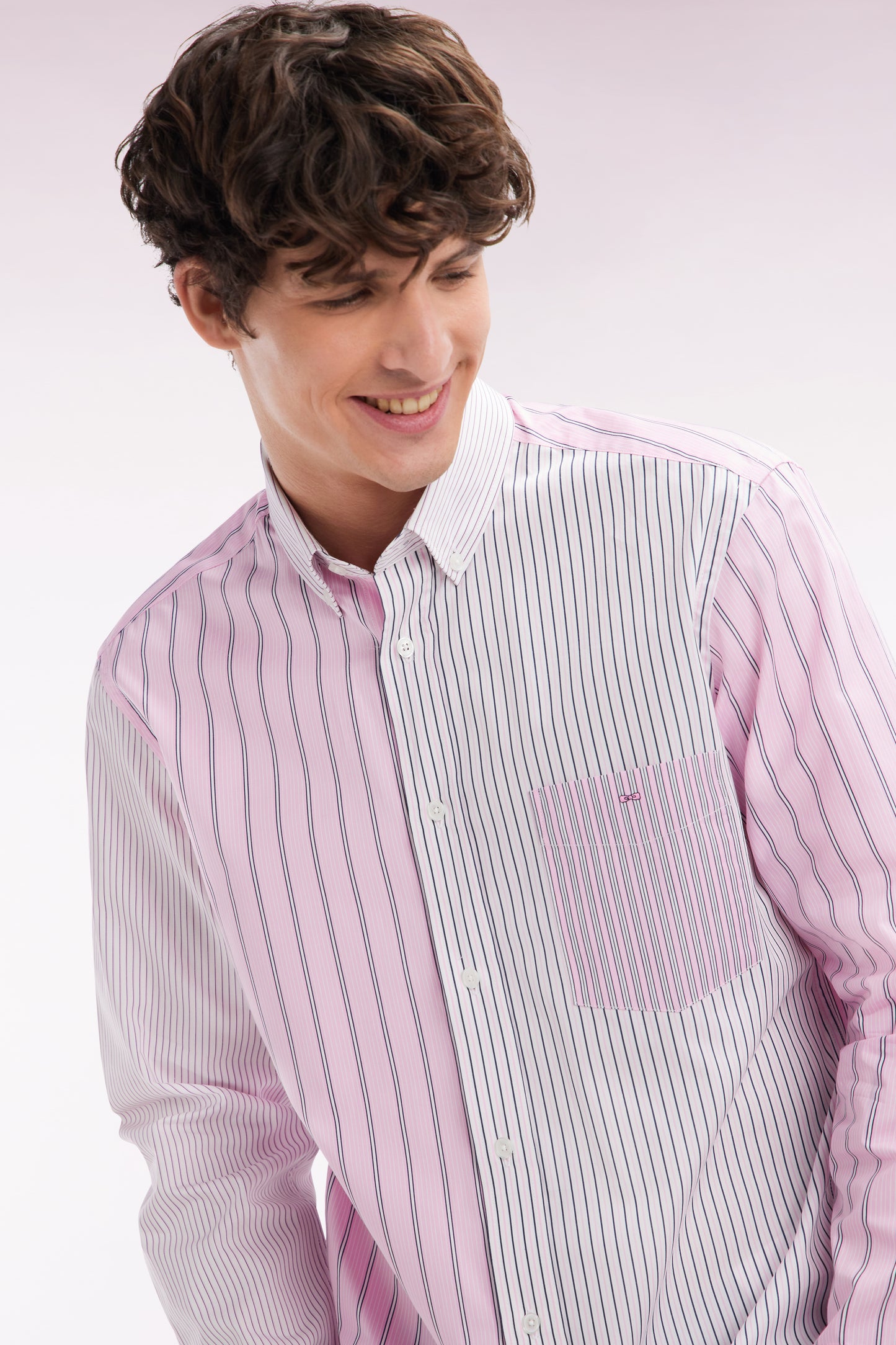 Straight-fit striped pink cotton poplin shirt