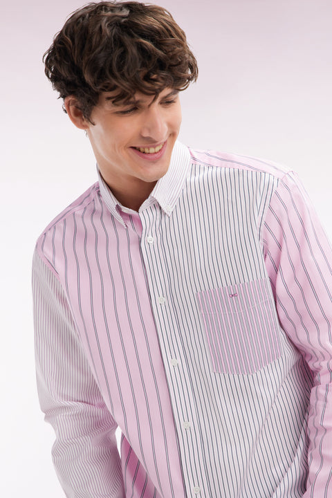 Chemise à rayures bâtons en popeline de coton rose coupe droite - Image 3