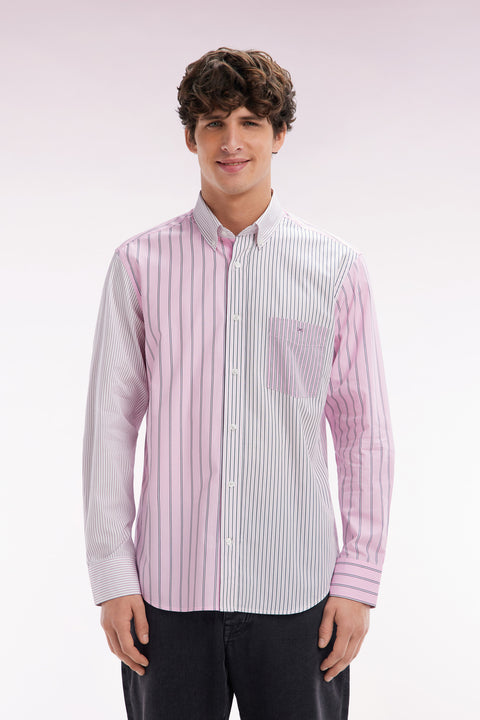 Chemise à rayures bâtons en popeline de coton rose coupe droite - Image 1