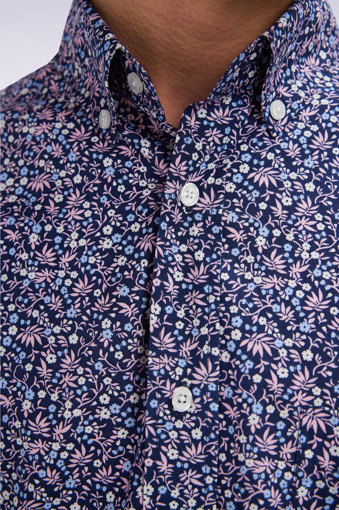 Straight-fit navy cotton poplin shirt with floral microprint