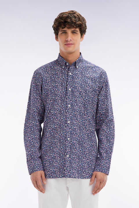 Straight-fit navy cotton poplin shirt with floral microprint - Image 1