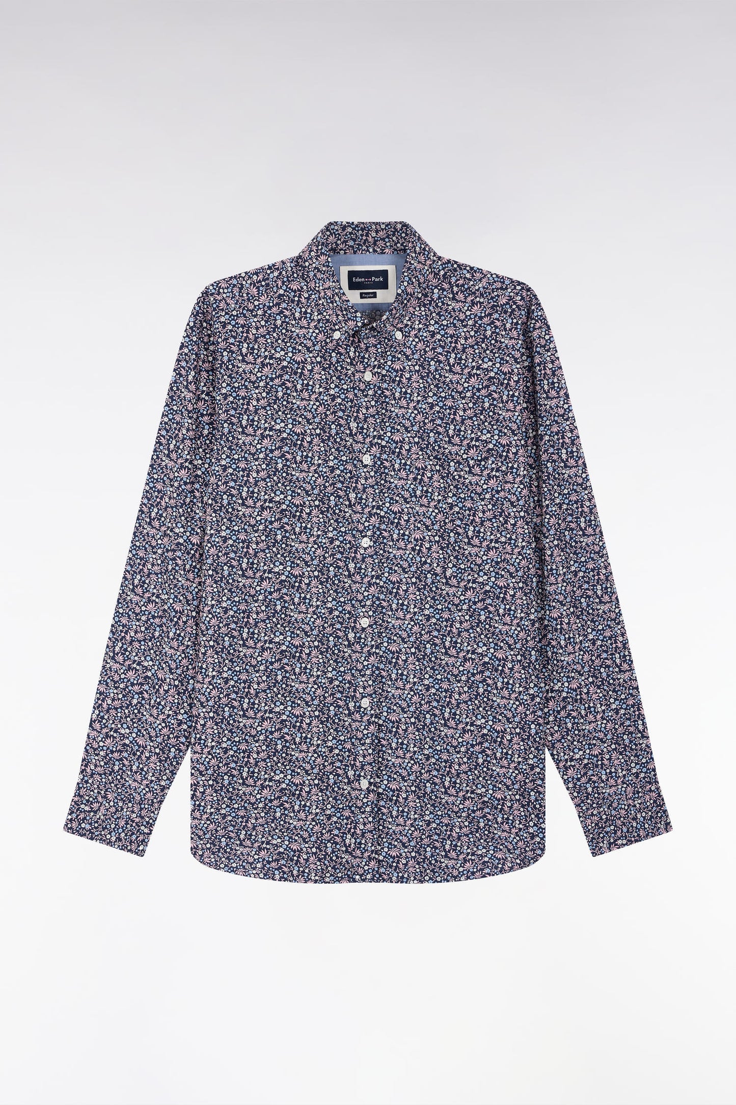 Straight-fit navy cotton poplin shirt with floral microprint