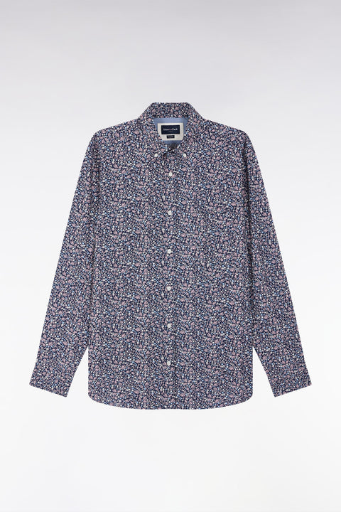 Straight-fit navy cotton poplin shirt with floral microprint - Image 2
