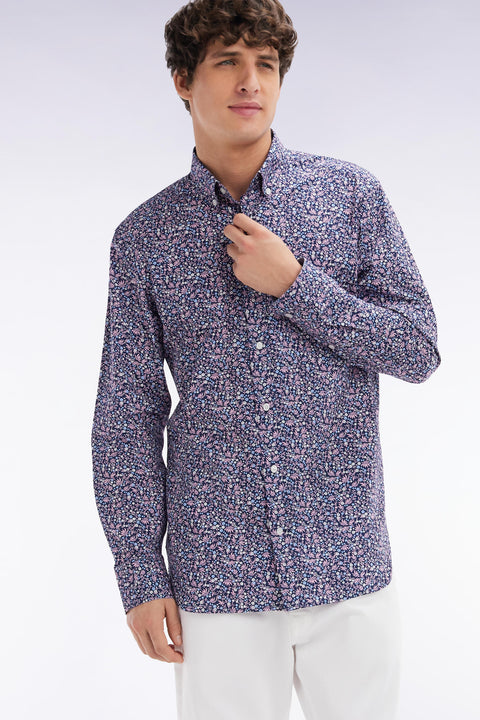Straight-fit navy cotton poplin shirt with floral microprint - Image 3