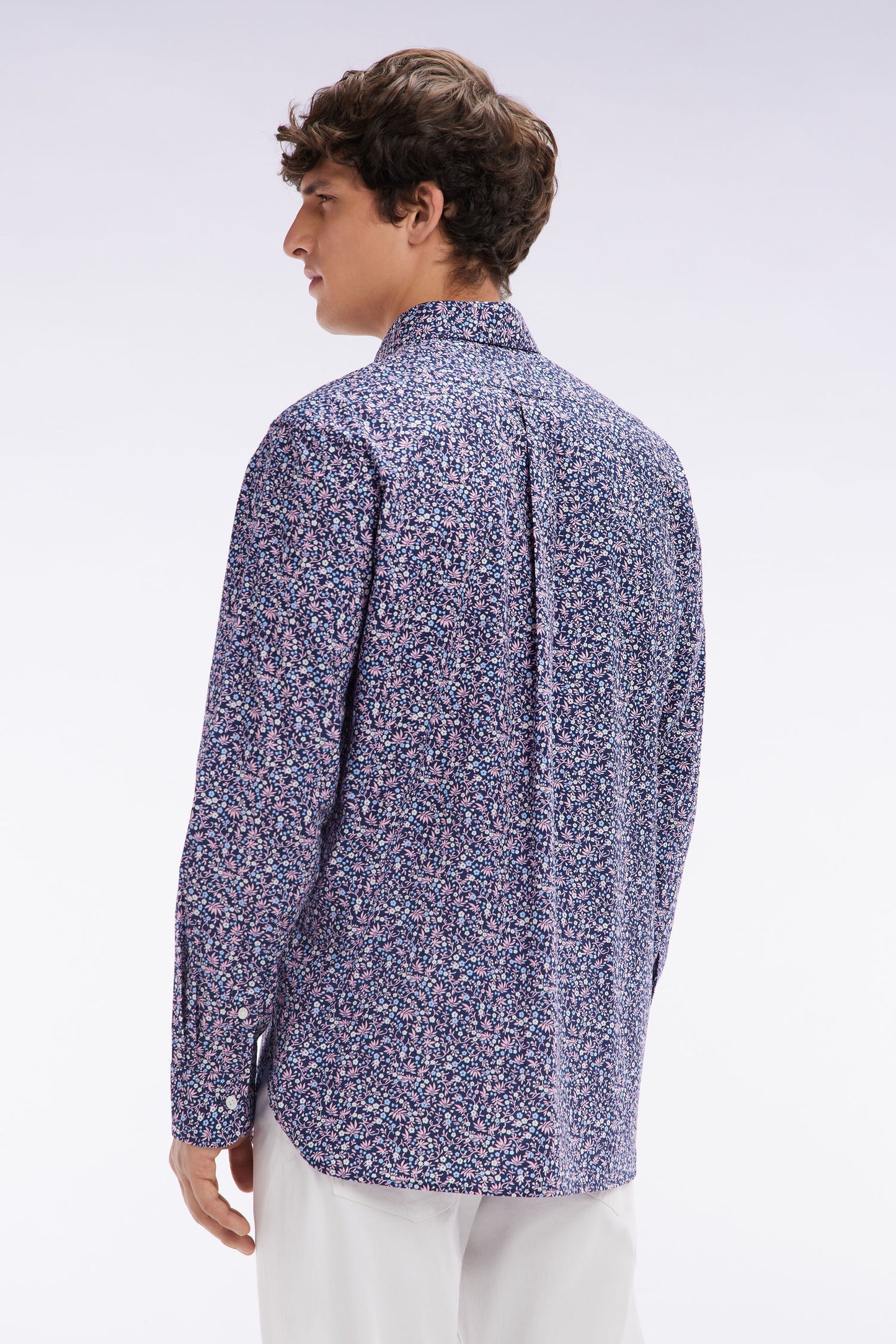 Straight-fit navy cotton poplin shirt with floral microprint
