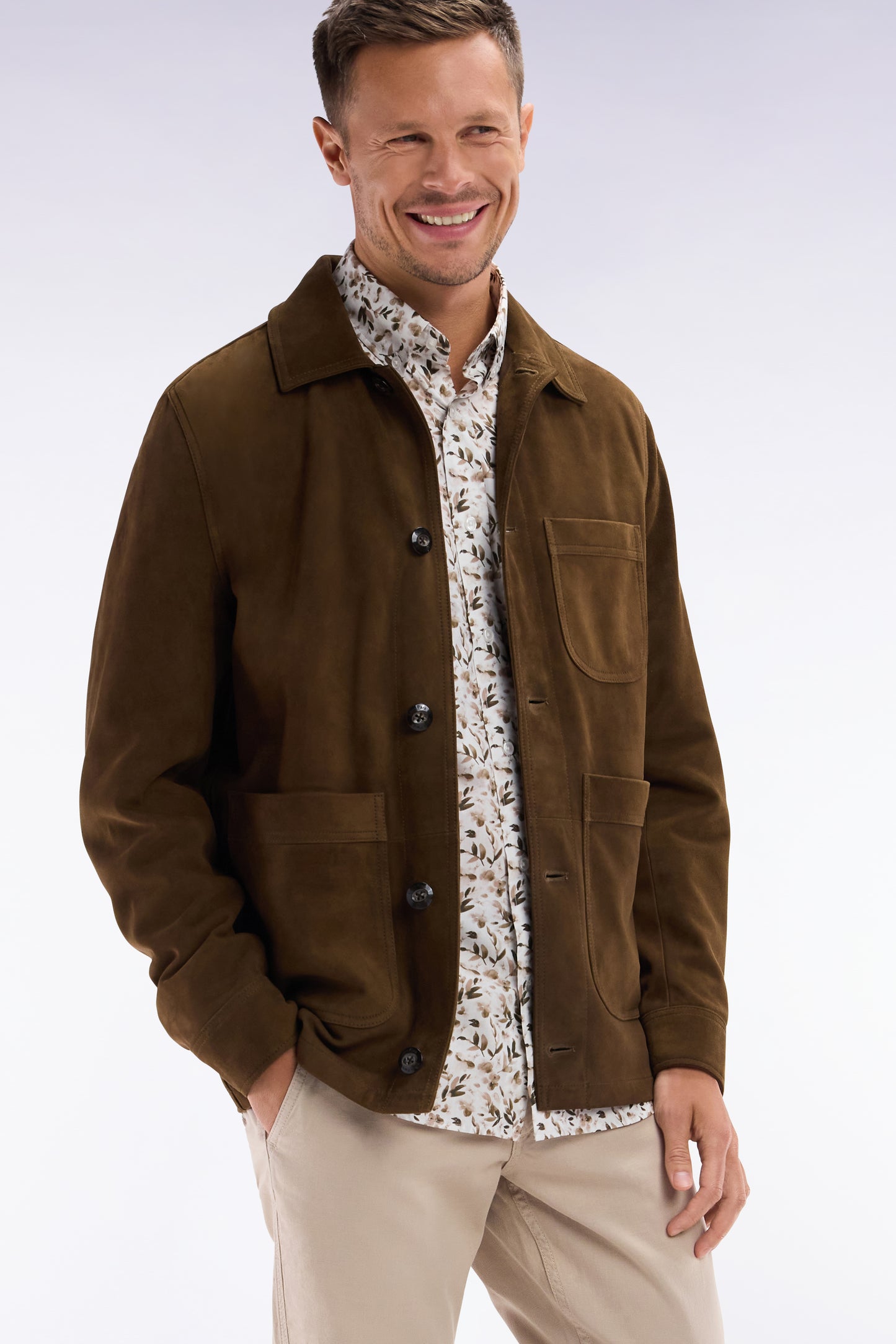 Straight-fit beige cotton poplin shirt with botanical microprint