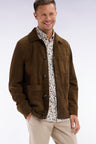 Straight-fit beige cotton poplin shirt with botanical microprint