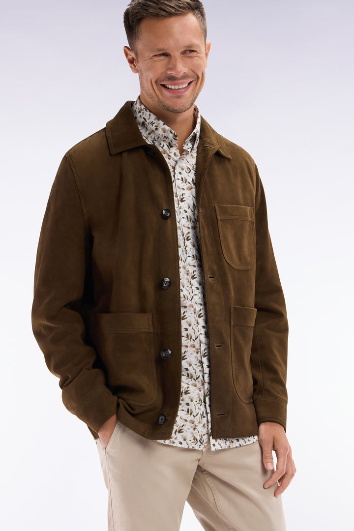 Chemise en popeline de coton beige microimprimé végétal coupe droite