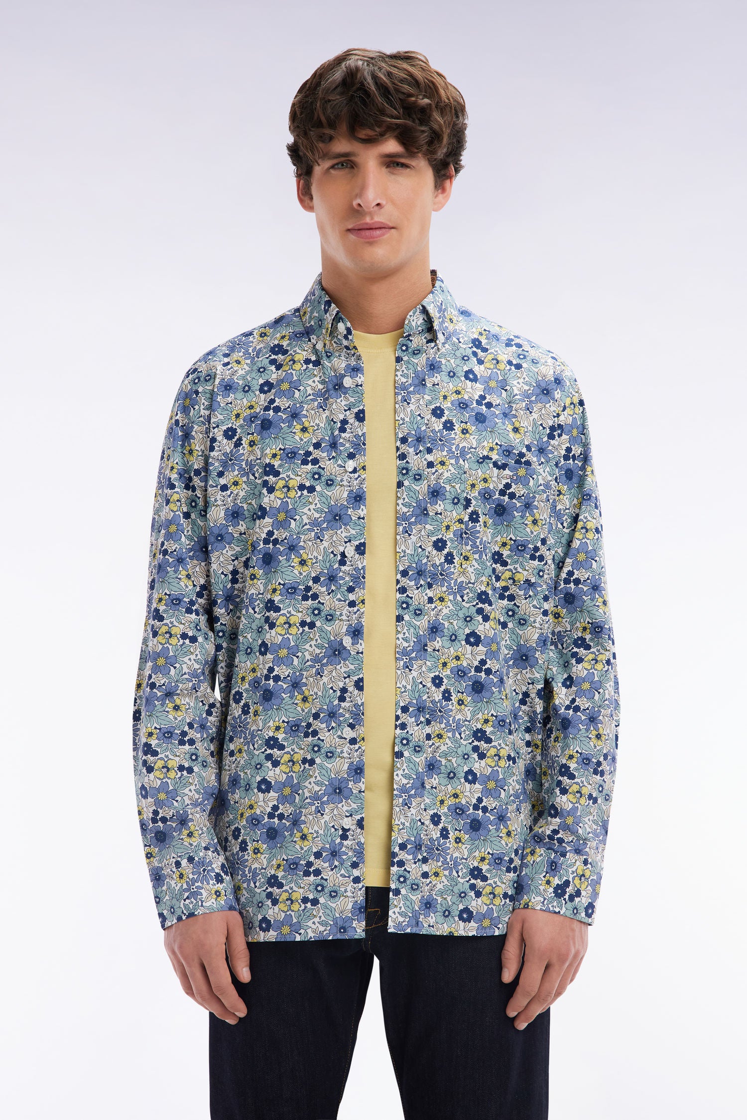 camicia in popeline di cotone grise stampato floreale vestibilità dritta
