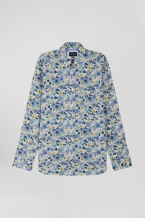 Straight-fit grey cotton poplin shirt with floral print - Image 2