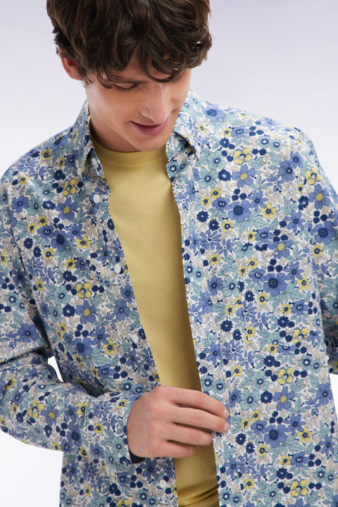 Straight-fit grey cotton poplin shirt with floral print - Image 3