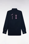 Straight-fit navy pinpoint cotton shirt with 10 embroidery