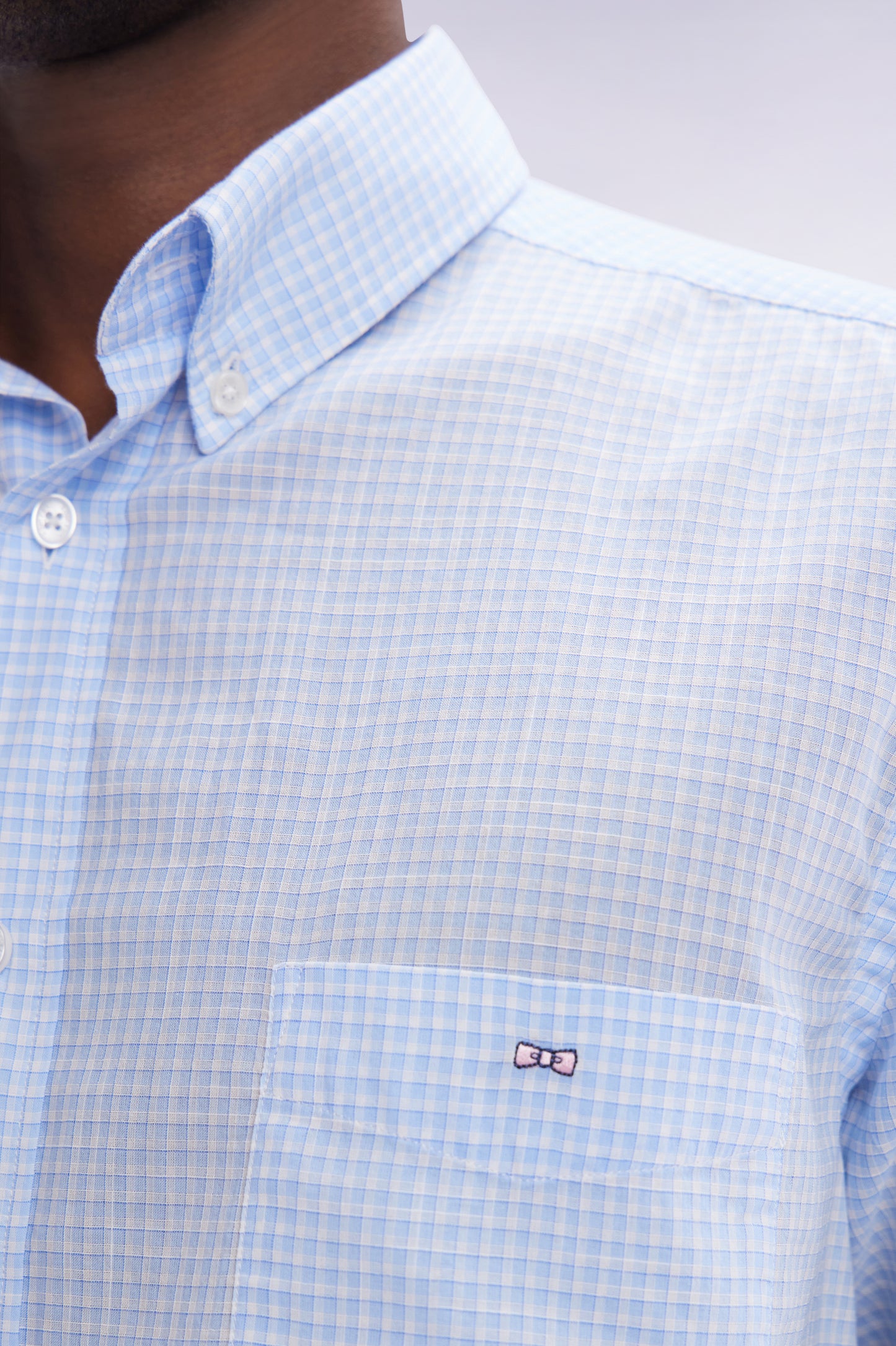Straight-fit sky blue gingham micro-checked cotton poplin shirt