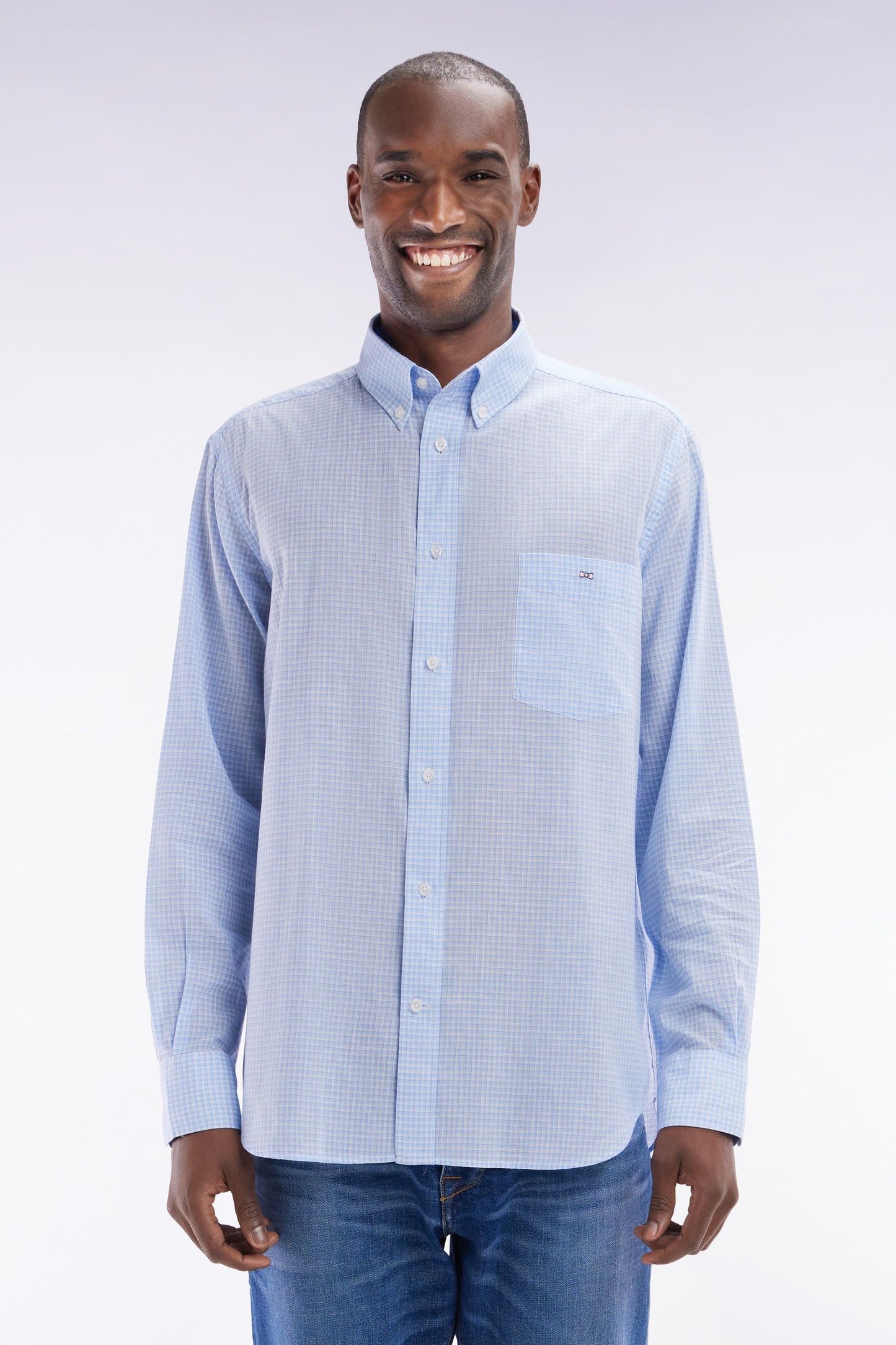 Straight-fit sky blue gingham micro-checked cotton poplin shirt