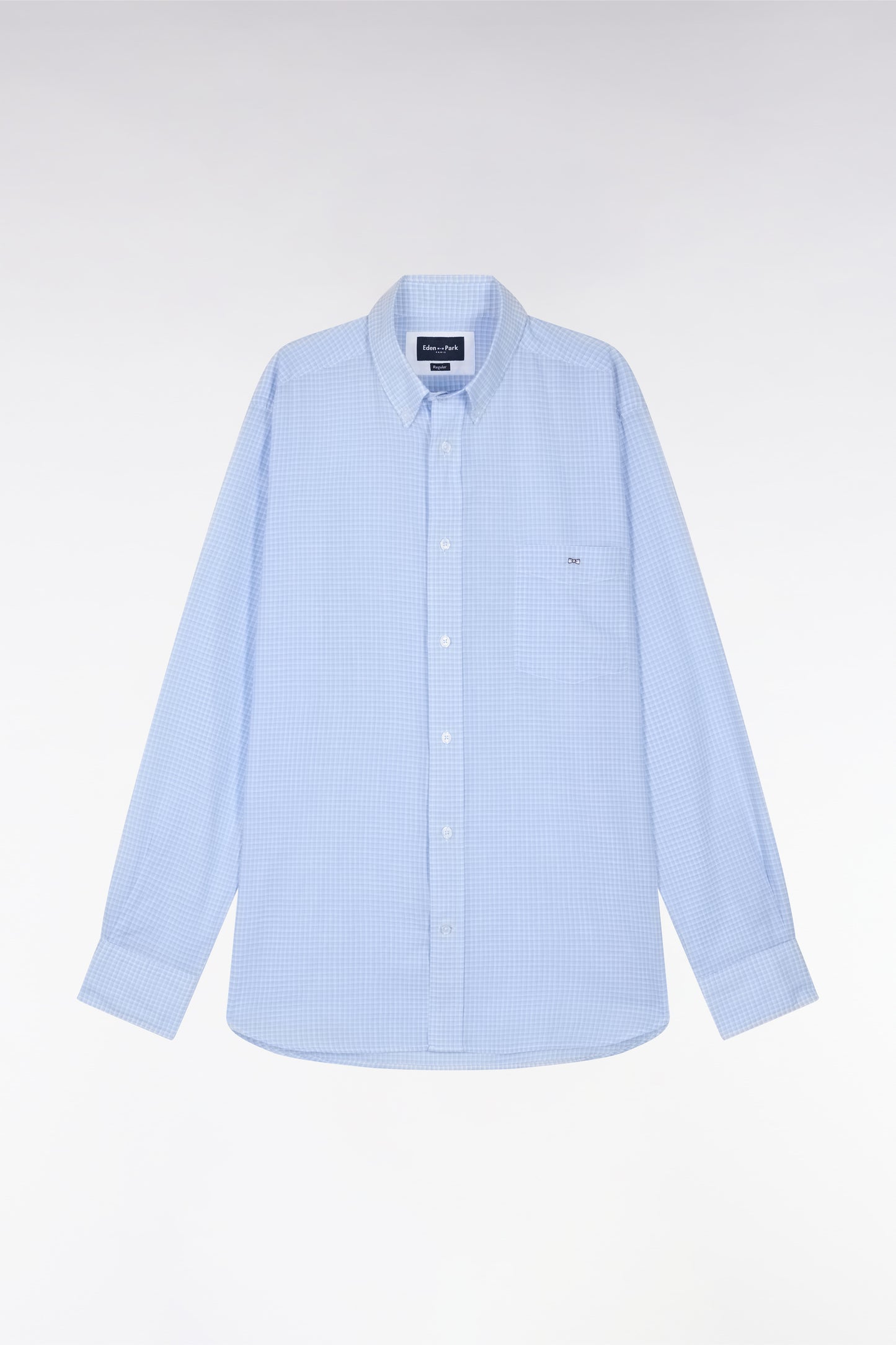 Straight-fit sky blue gingham micro-checked cotton poplin shirt