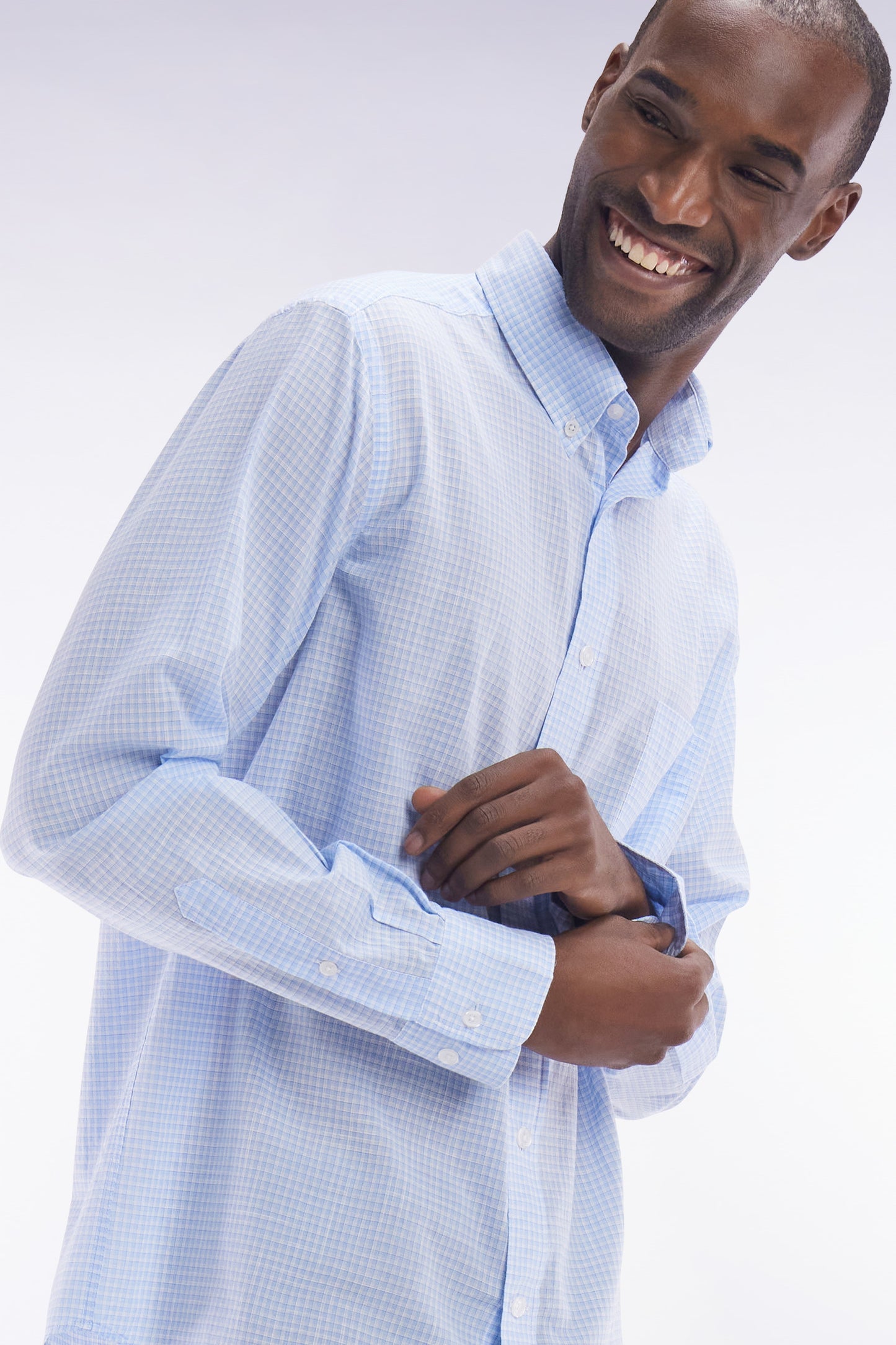 Straight-fit sky blue gingham micro-checked cotton poplin shirt