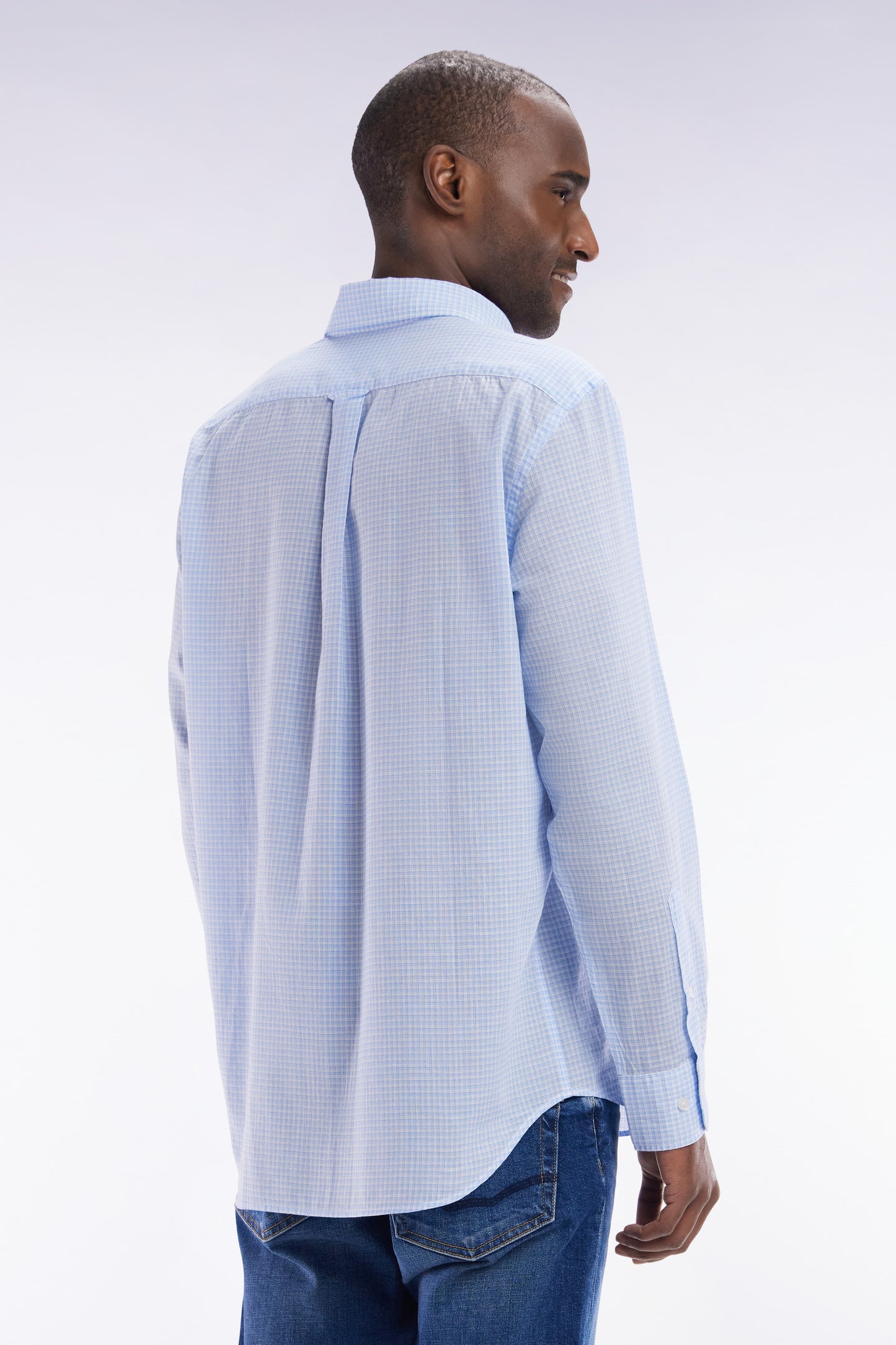 Straight-fit sky blue gingham micro-checked cotton poplin shirt