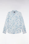 Slim-fit sky blue linen shirt with floral print