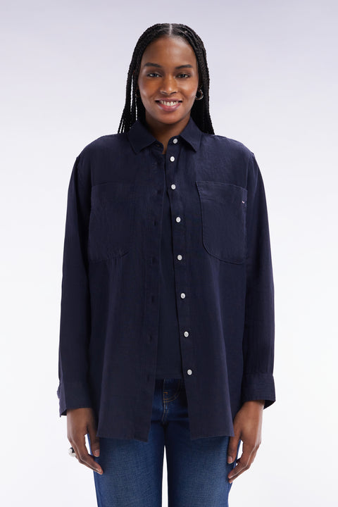 Chemise à poches plaquées en lin marine coupe oversized - Image 3