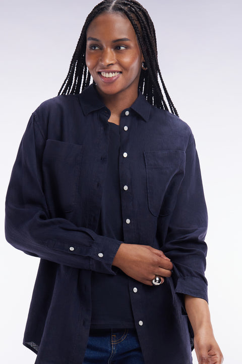 Chemise à poches plaquées en lin marine coupe oversized - Image 1