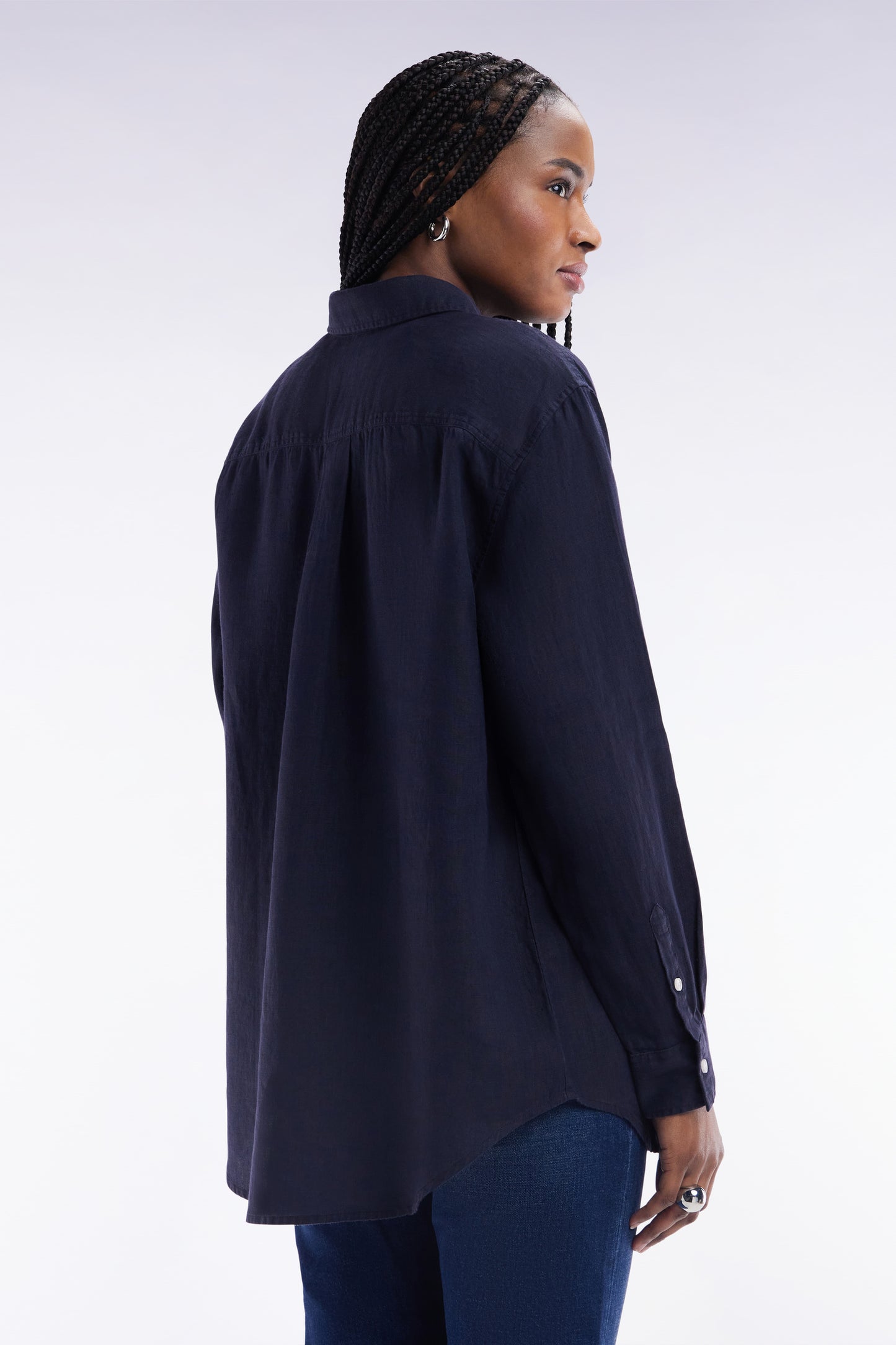 Oversized navy linen shirt with patch pockets