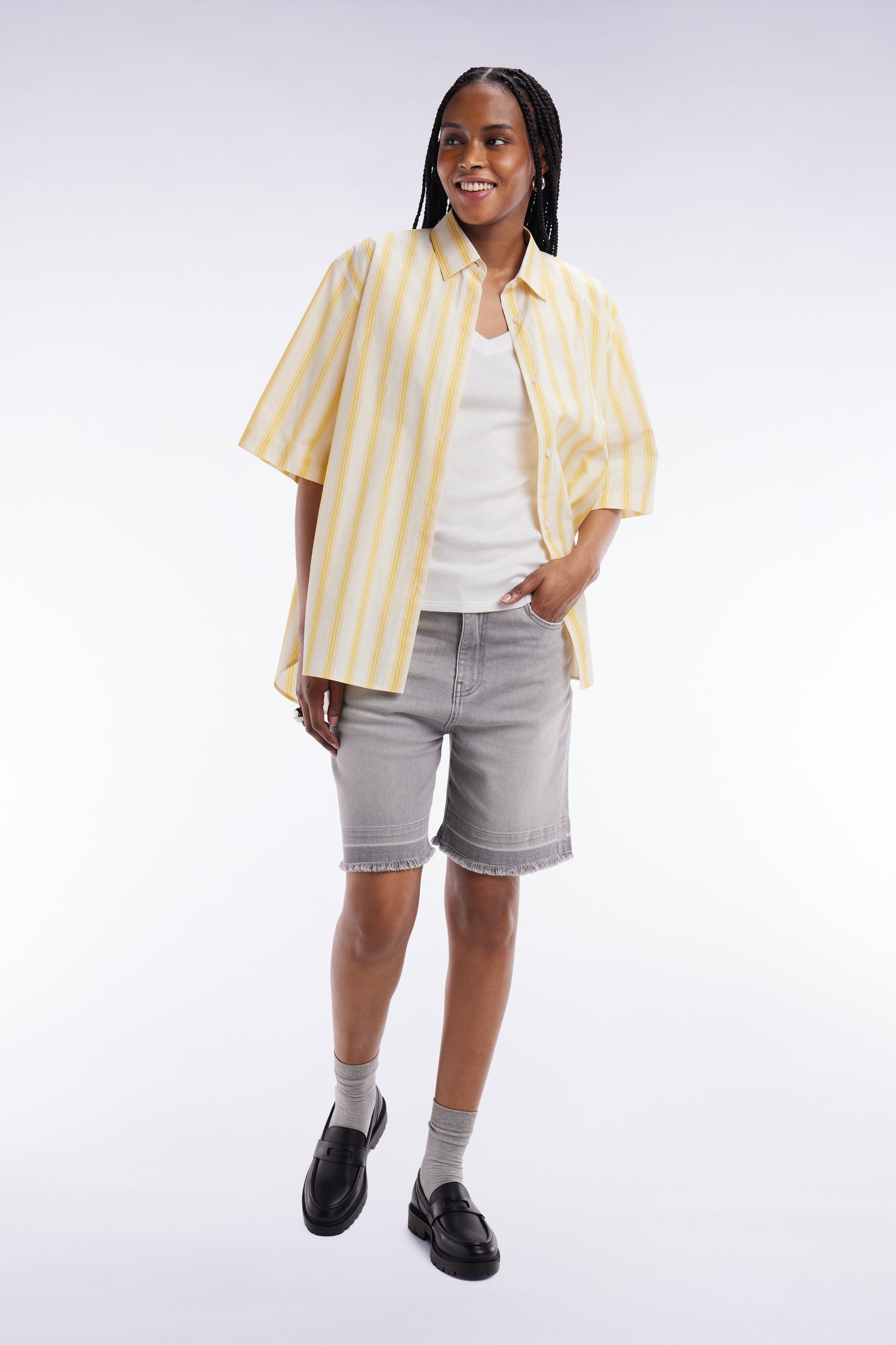 short-sleeved shirt striped in cotton yellow and white coupe oversized