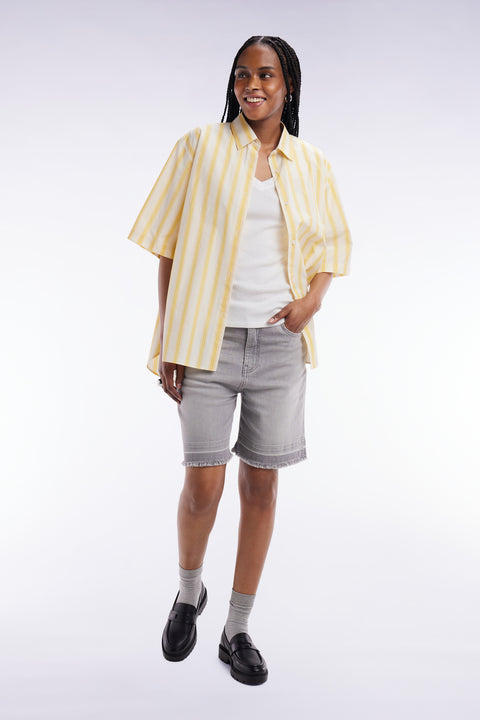 Chemise à manches courtes rayée en coton jaune et blanche coupe oversized - Image 1