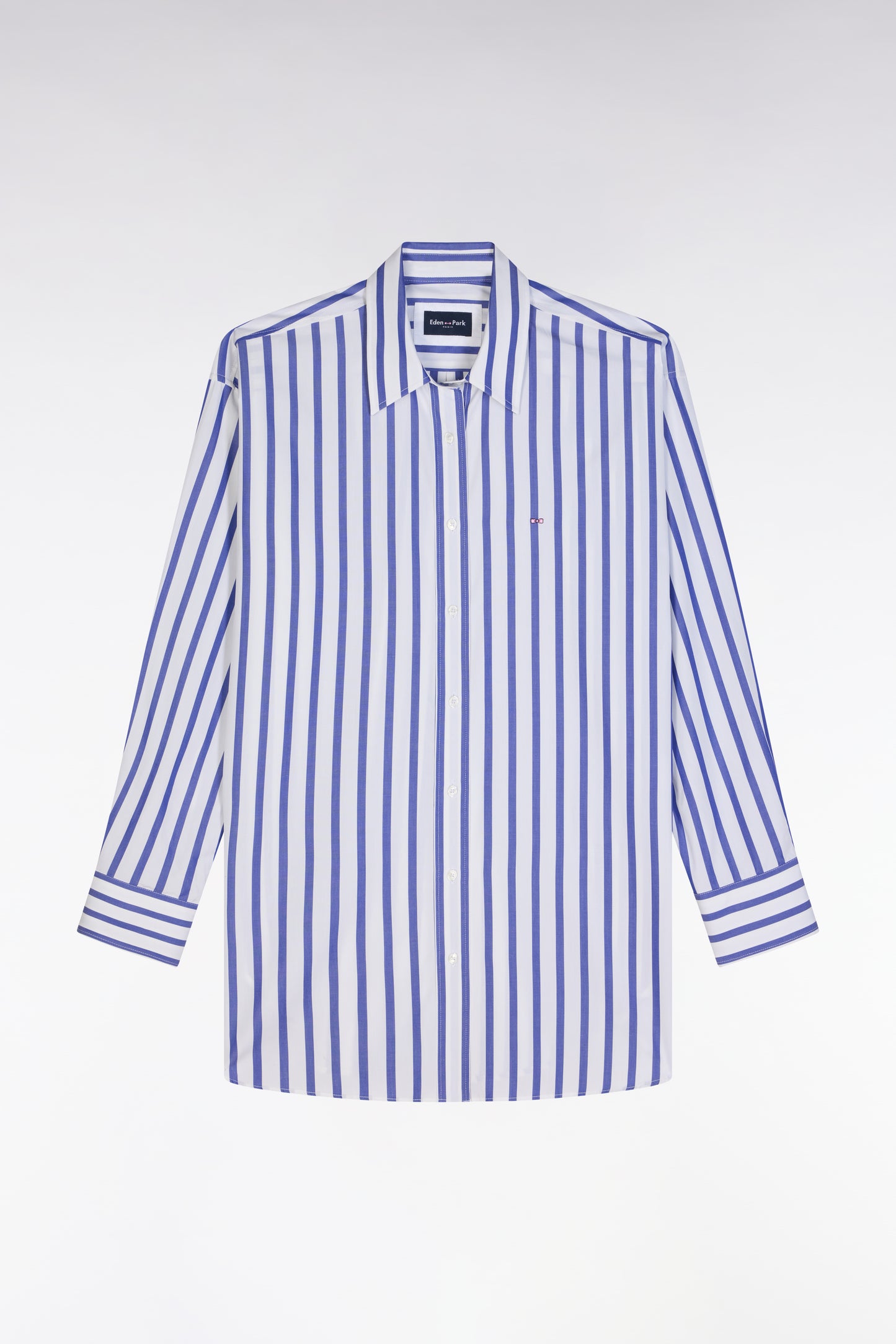 Oversized white cotton shirt with blue stripes