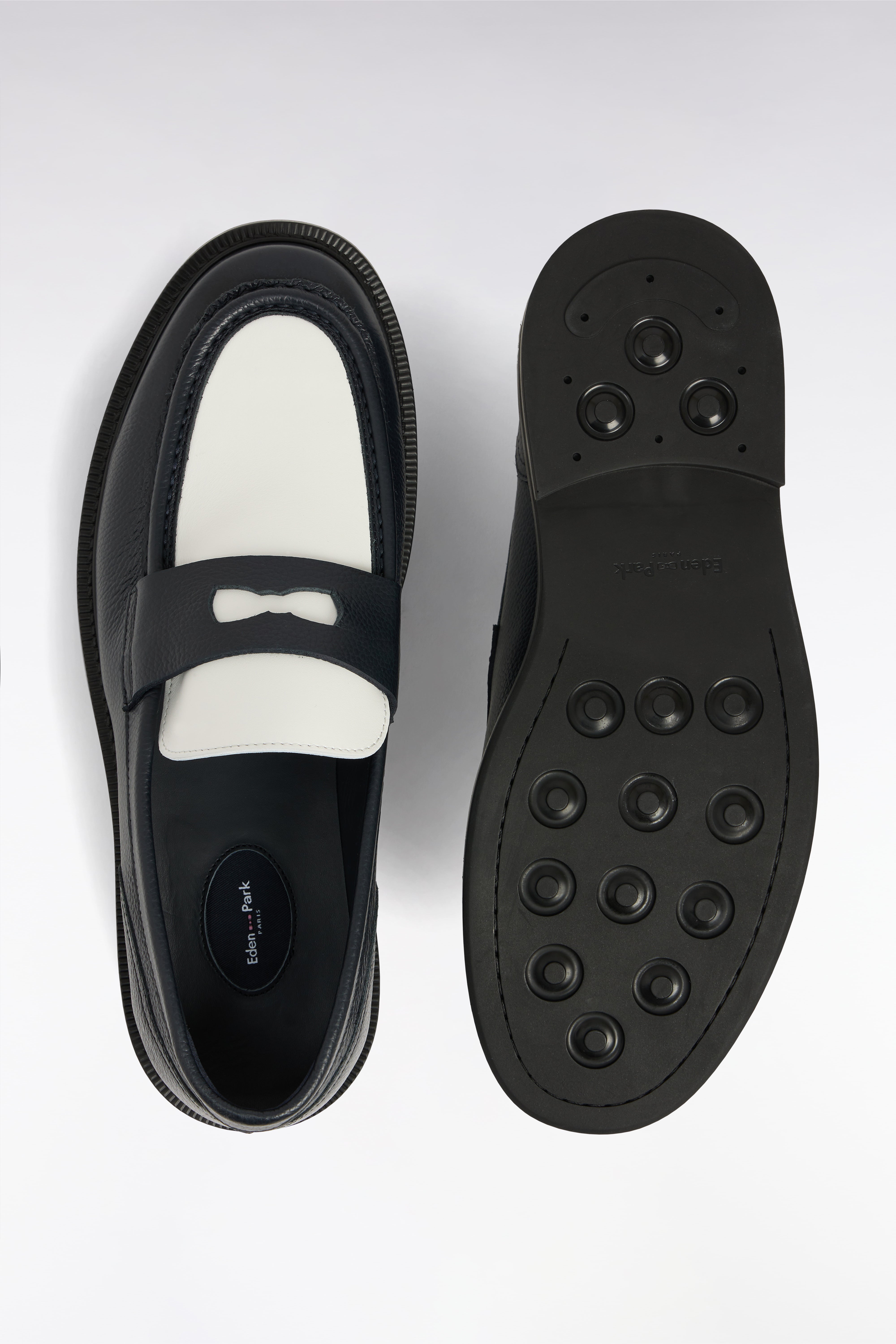 Mocassins bicolores en cuir grainé bleu marine et blanc