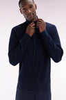 Straight zipped navy cotton cardigan with striped bow tie embroidery