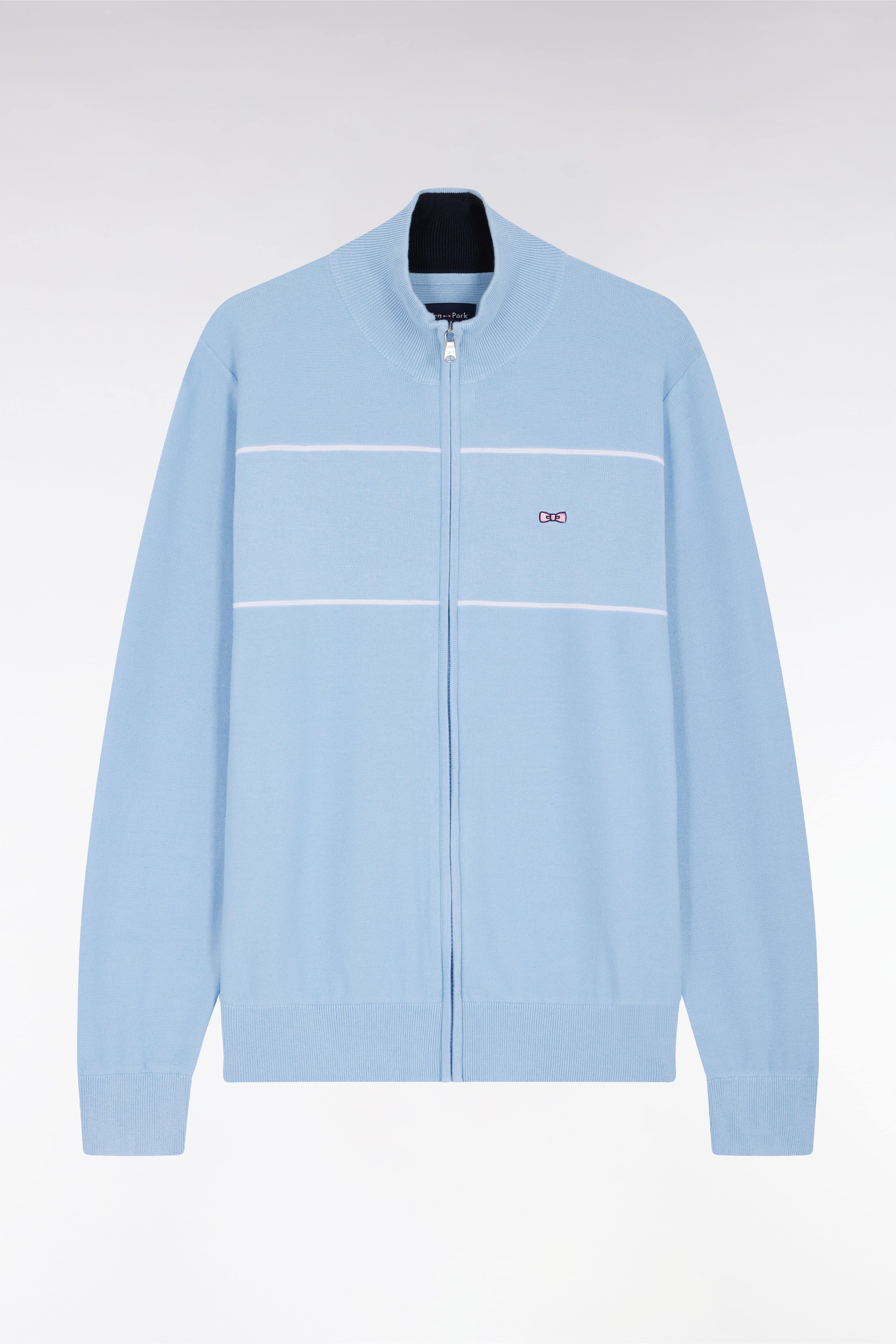 Cardigan col camionneur zippé en coton ciel à effet de passepoils roses coupe droite