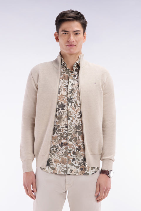 Cardigan zippé en coton nid d'abeille beige coupe droite - Image 1