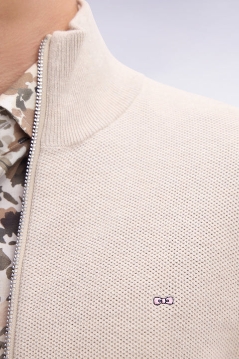 Cardigan zippé en coton nid d'abeille beige coupe droite - Image 3
