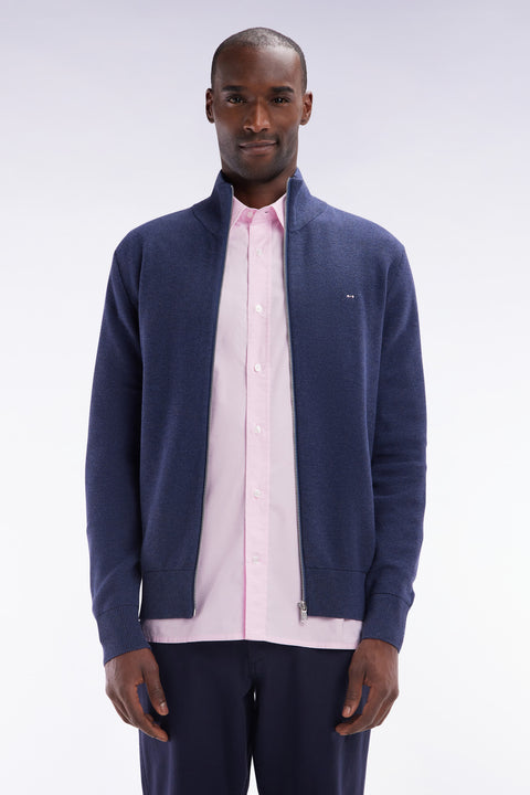 Cardigan zippé en coton nid d'abeille marine coupe droite - Image 1
