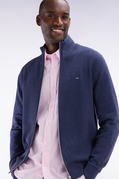 Cardigan zippé en coton nid d'abeille marine coupe droite - Image 3