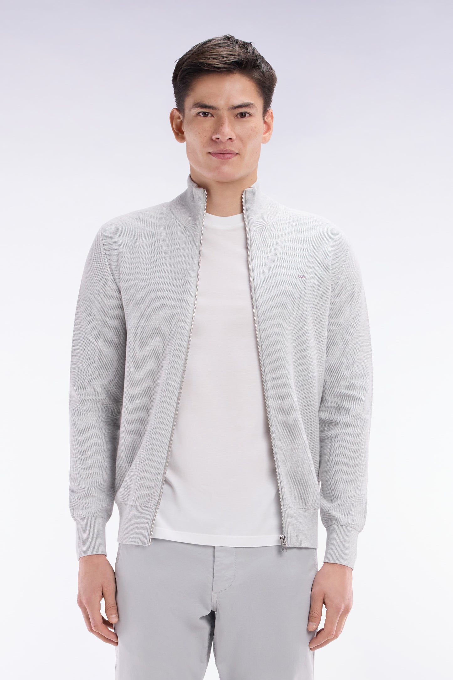 Straight-fit zipped grey honeycomb cotton cardigan