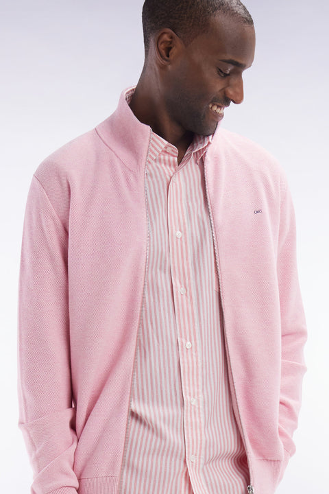 Cardigan zippé en coton nid d'abeille rose coupe droite - Image 3