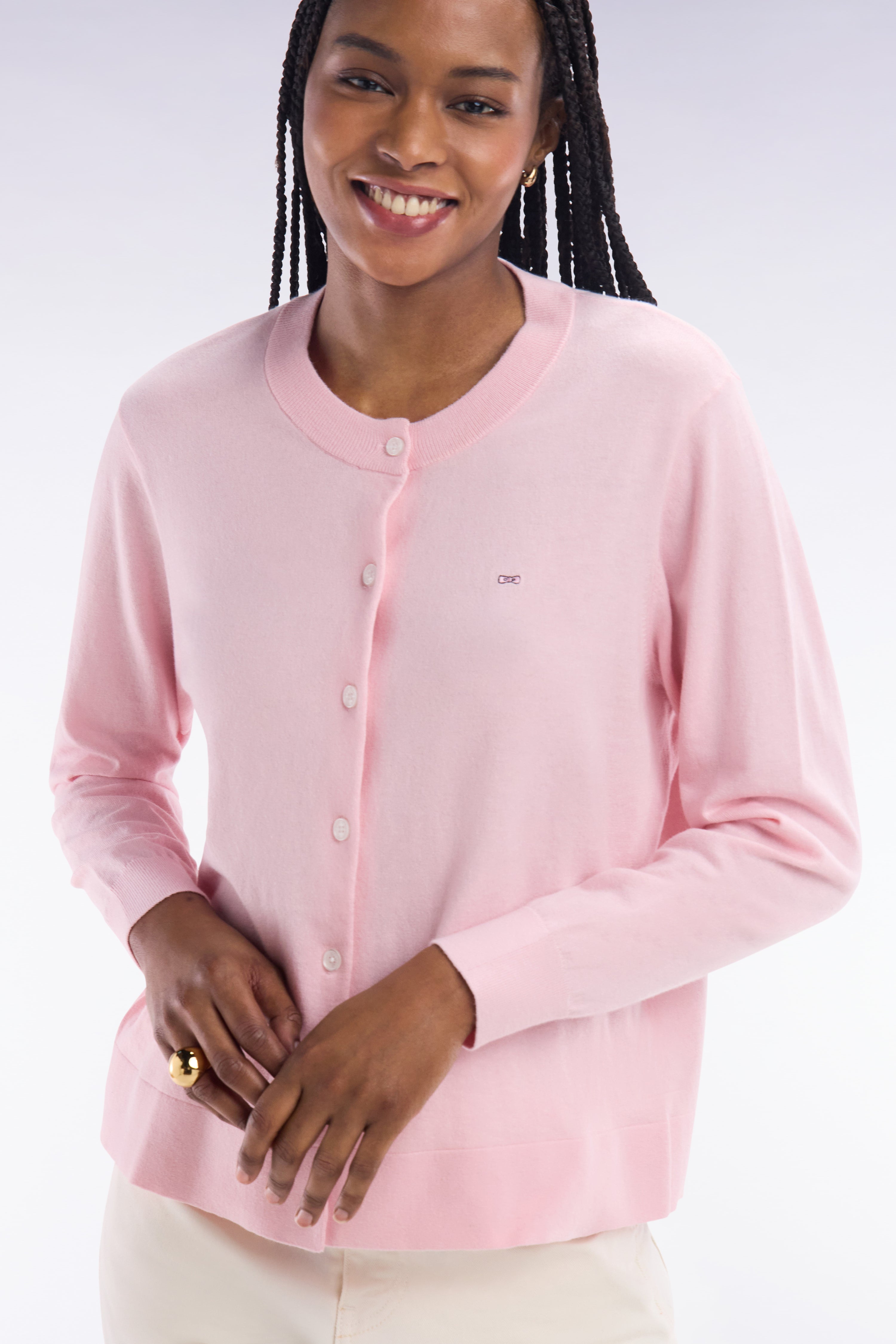Cardigan en coton et soie mélangés rose coupe décontractée