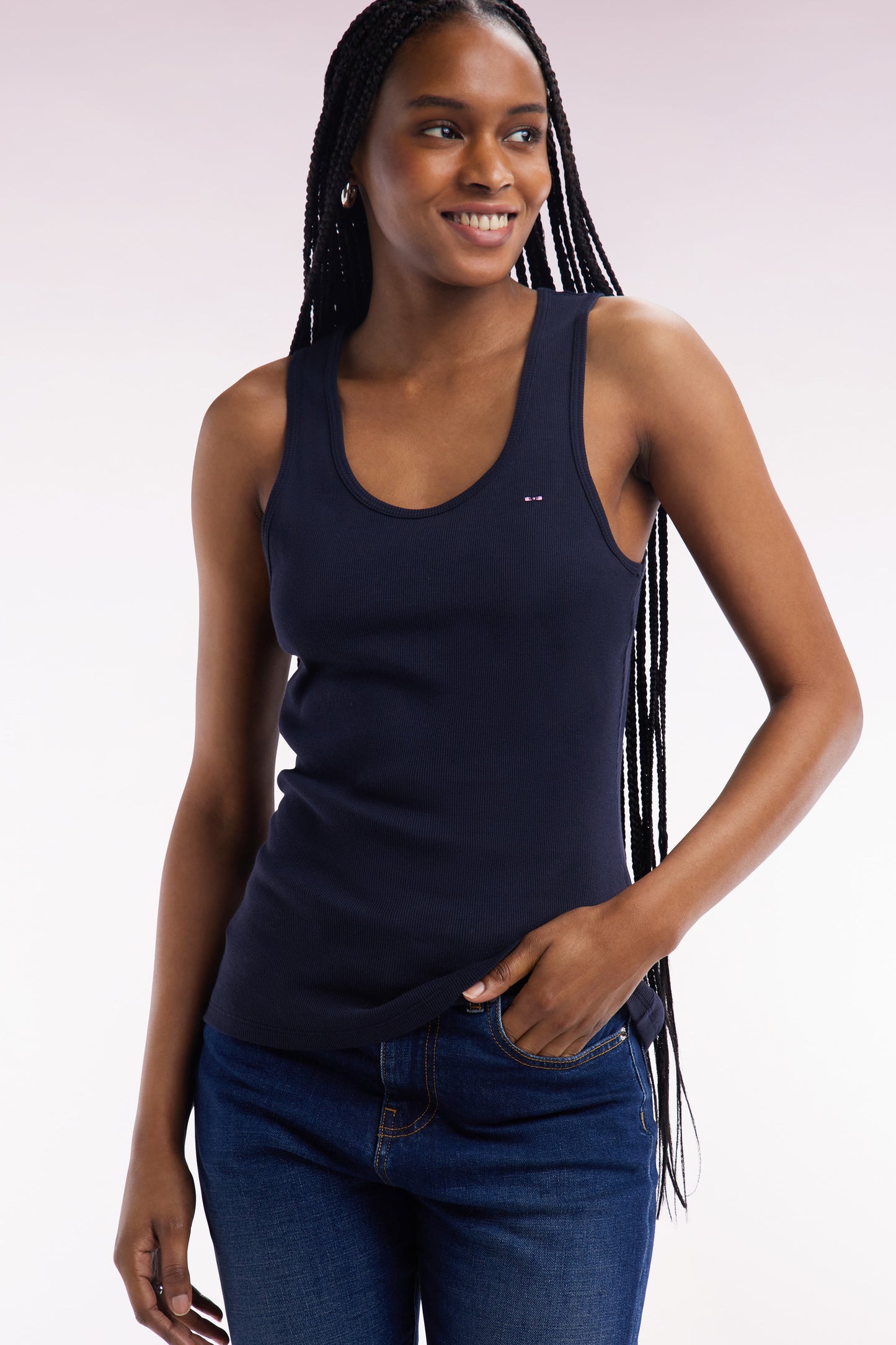 Navy ribbed Pima cotton tank top, slim fit