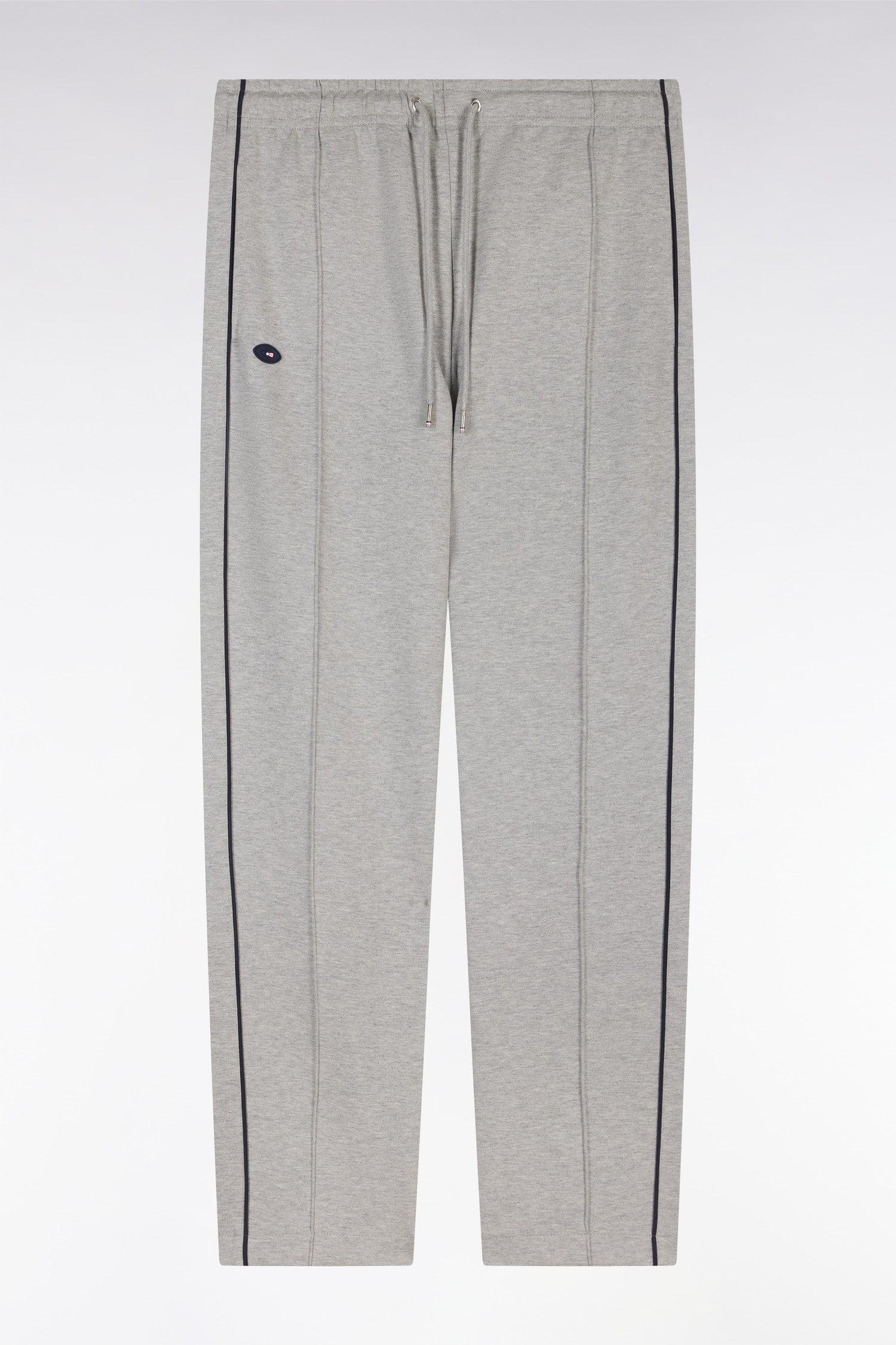 Pantalon jogging en molleton coton stretch gris passepoil marine coupe droite