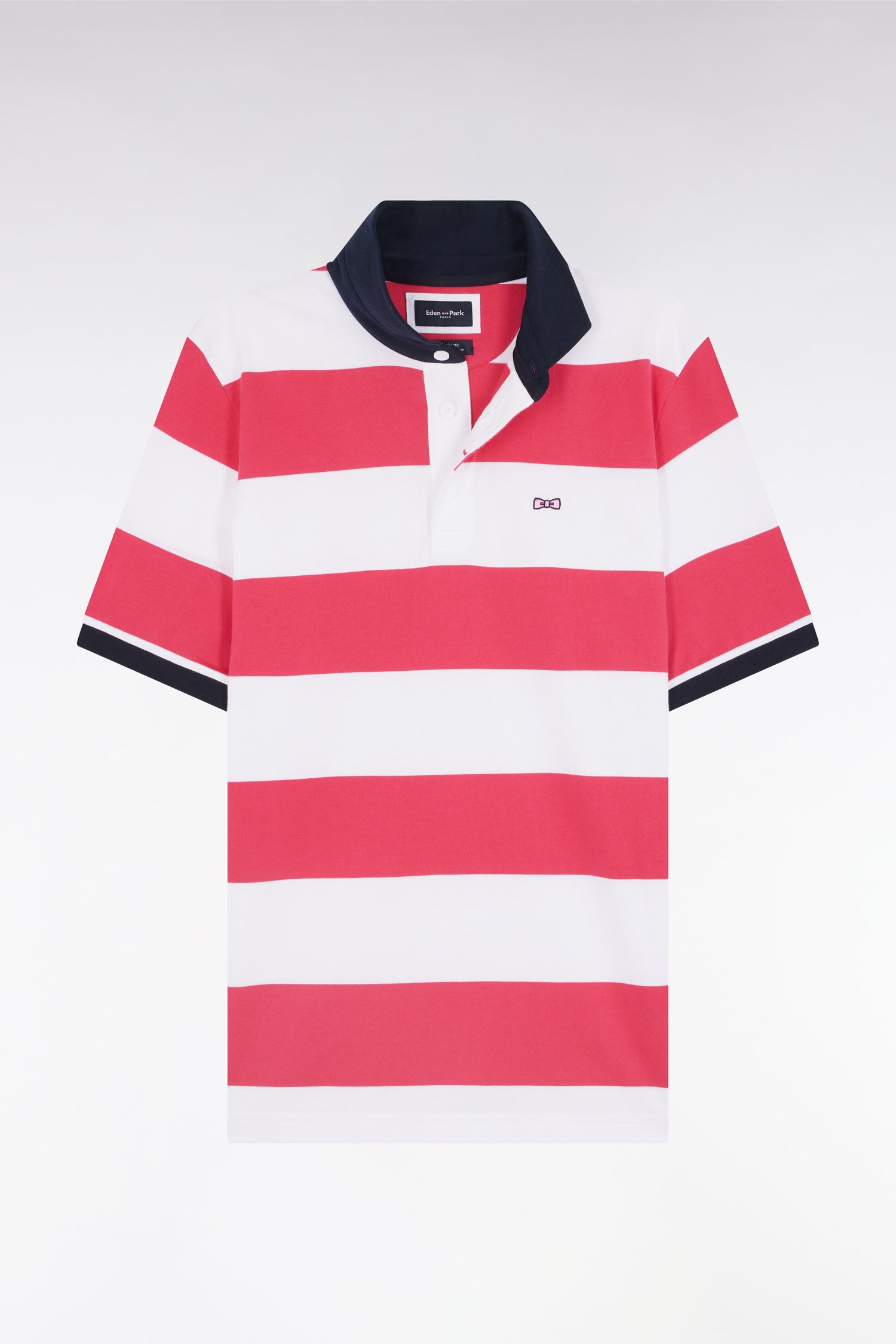 Maillot à manches courtes en coton Pima cerclé fuchsia et blanc coupe droite