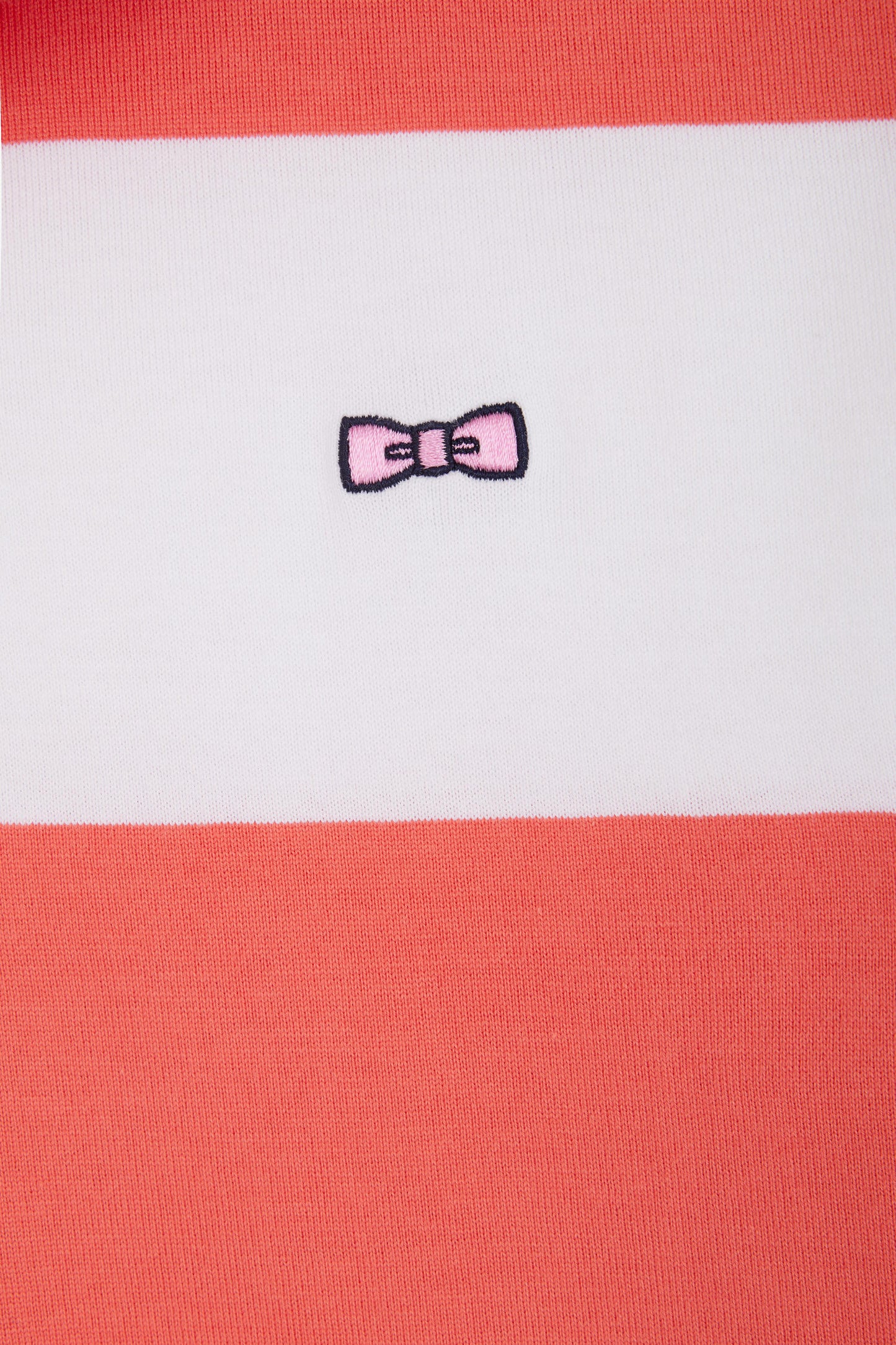 Straight short-sleeved rugby shirt in coral pink and white striped Pima cotton