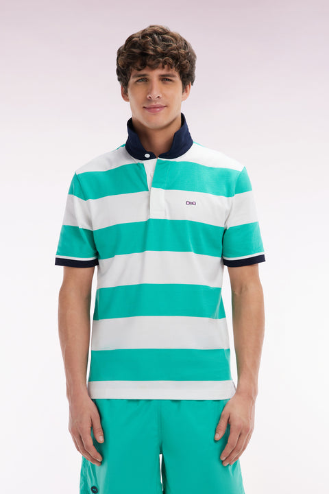 Short-sleeved jersey in green and white ringed Pima cotton, straight cut - Image 1