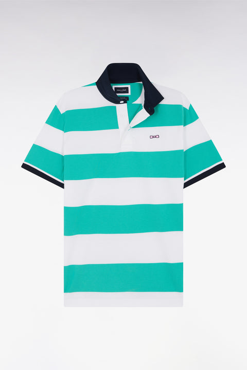 Short-sleeved jersey in green and white ringed Pima cotton, straight cut - Image 2