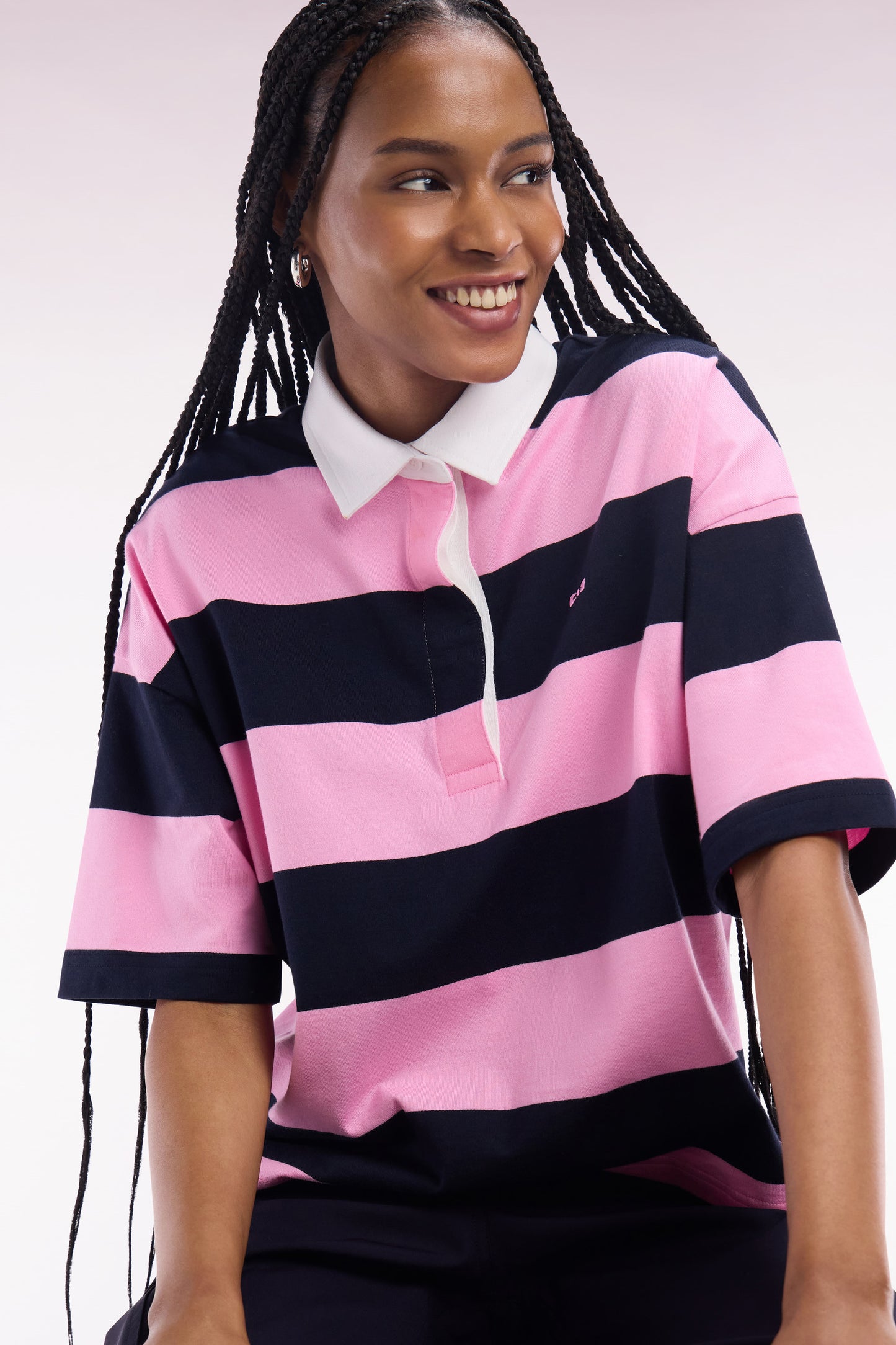 Navy blue and pink striped short-sleeved casual jersey