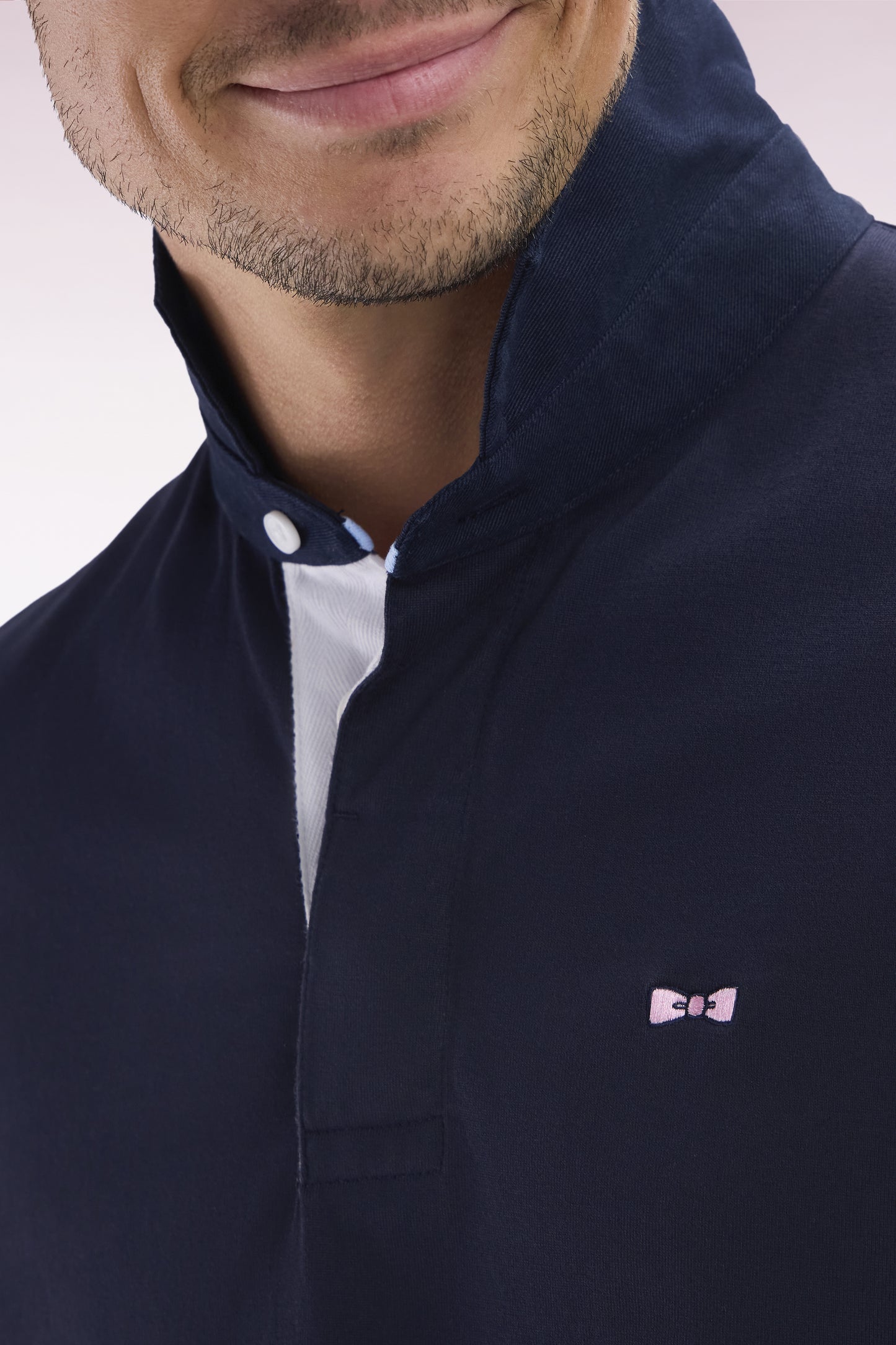 Short-sleeved rugby shirt in navy cotton jersey with two-tone sleeves