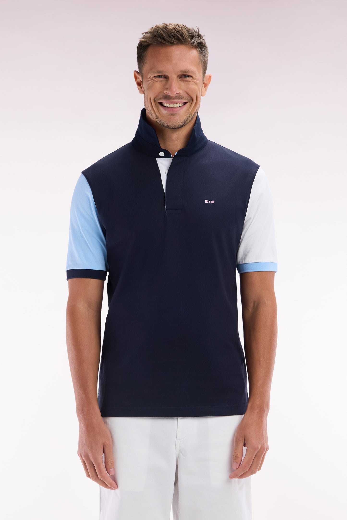 Short-sleeved rugby shirt in navy cotton jersey with two-tone sleeves